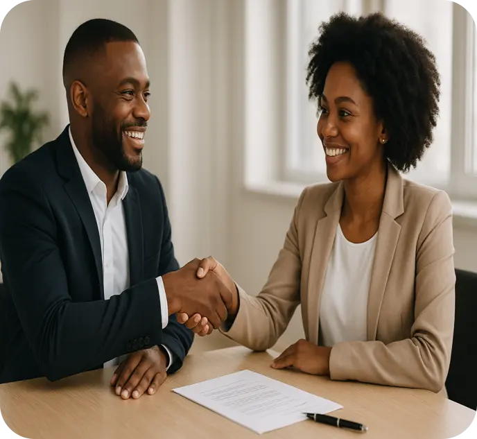 Two women smiling while shaking hands